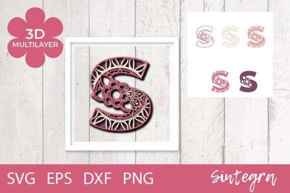 3D Floral Letter S Mandala Layer SVG for Laser Cutting and Wall Decor