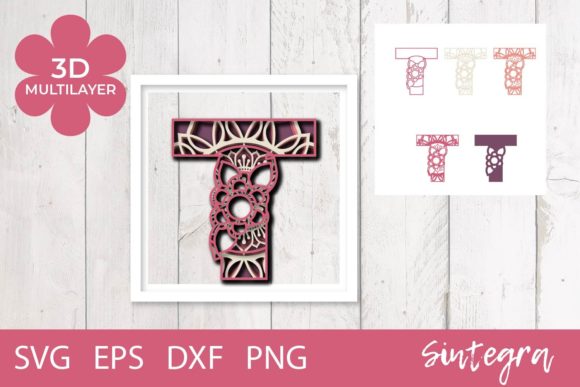 3D Floral Letter T Mandala Layer SVG