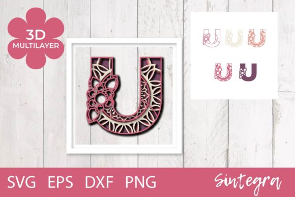 3D Floral Letter U Mandala Layer SVG for Laser Cutting and Wall Decor