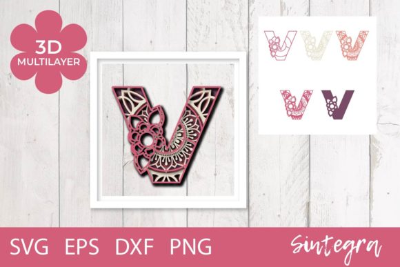 3D Floral Letter V Mandala Layer SVG for Laser Cutting and Wall Decor