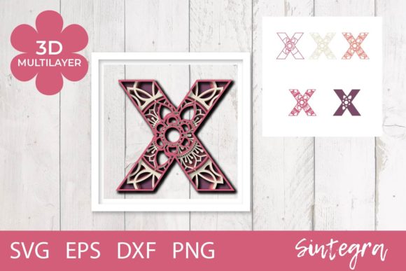 3D Floral Letter X Mandala Layer SVG for Laser Cutting and Wall Decor