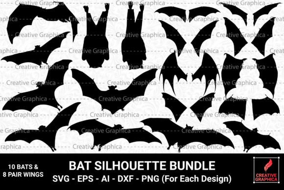 Bat and Bat Wings Silhouette Bundle for Graphics and Crafts